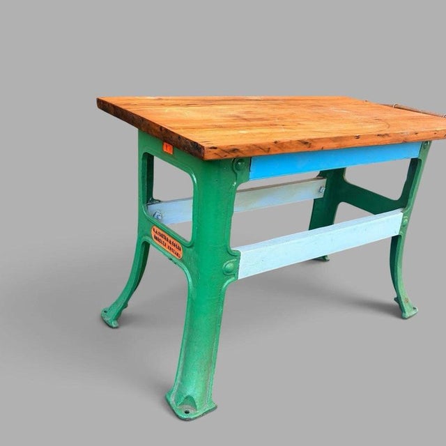 Vintage Industrial Pine Workbench with Cast Iron Base For Sale - Image 5 of 7