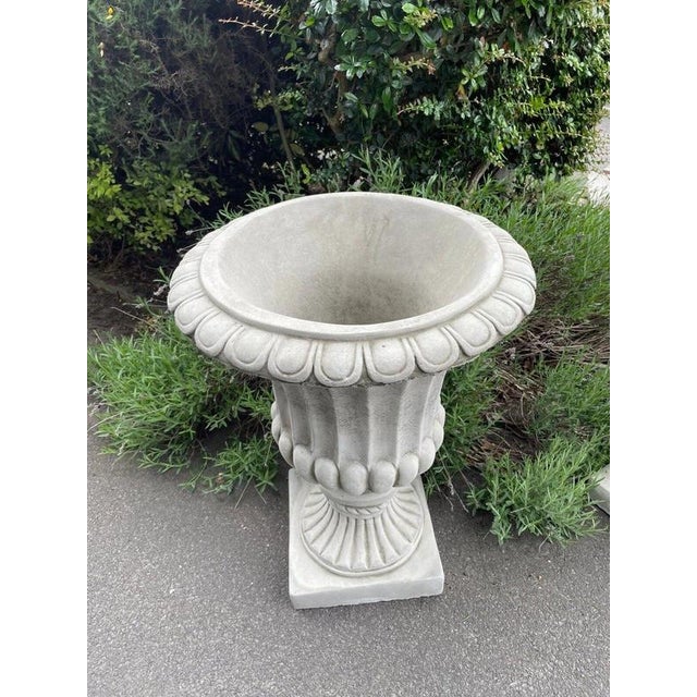 British Cast Stone Fluted Garden Urns, Set of 2 For Sale - Image 6 of 12