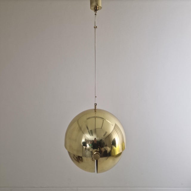 Mid-Century Modern Adjustable Brass Dome Pendant Light attributed to Vereinigte Werkstätten München, 1960s For Sale - Image 3 of 15