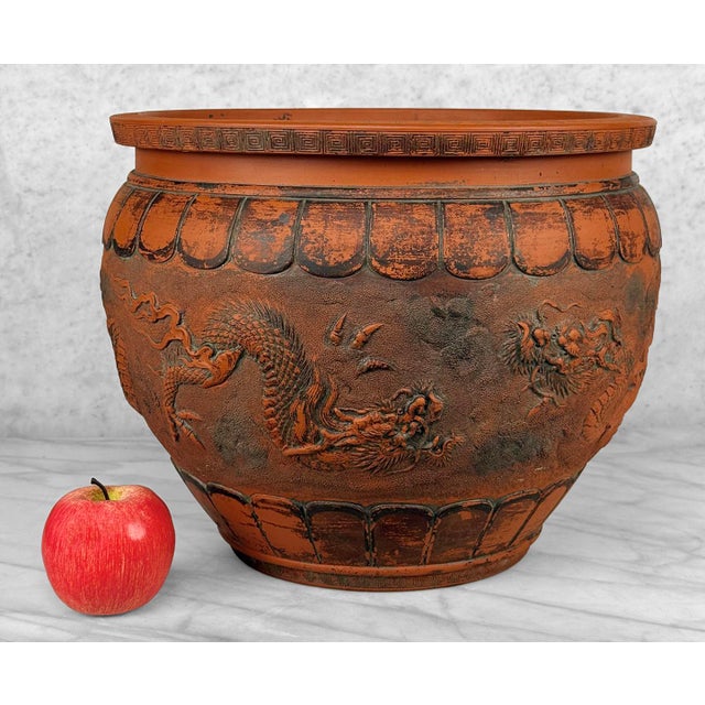 Original Mid 20th Century Japanese Red Pottery Jardiniere Unglazed Shudei Pottery with Traditional Double Dragon Motif in...