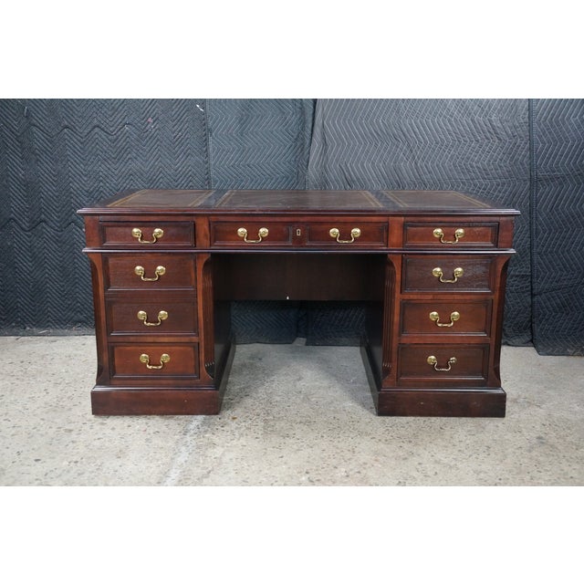Hekman Furniture Vintage Hekman Mahogany Tooled Leather Top Executive Kneehole Office Desk 60" For Sale - Image 4 of 18