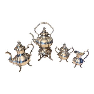 Vintage Reed & Barton "Winthrop" 1795 Silverplate Tea & Coffee Service With Working Tilting Kettle-on-Stand - Set of 4 For Sale