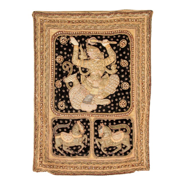 Vintage Burmese Kalaga Tapestry Pillow Cover Warrior and Horses 1950s For Sale