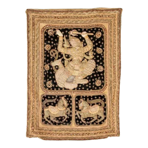 Vintage Burmese Kalaga Tapestry Pillow Cover Warrior and Horses 1950s