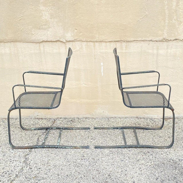 Mid-Century Modern Vintage Industrial Modern Wrought Iron Metal Mesh Cantilever Patio Chairs - a Pair For Sale - Image 3 of 11