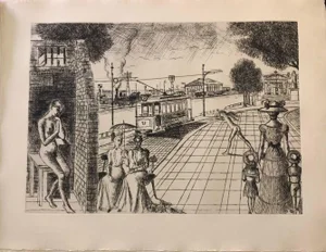 Paul Delvaux, Construction d'un Temple en Ruine, Plate No. 9, Etching, 1973