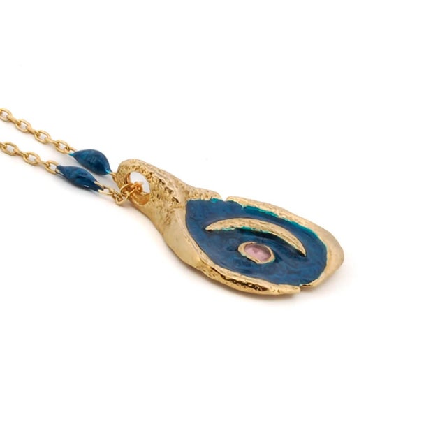 Early 21st Century Tourmaline Stone Blue Moon Gold & Enamel Chain Necklace For Sale - Image 5 of 8