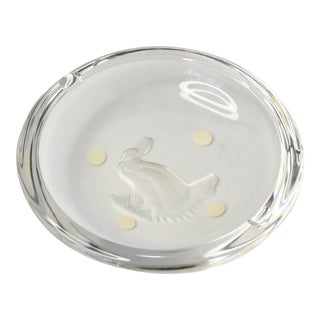 Vintage Val Saint-Lambert Crystal Cut & Etched Bird Art Glass Ashtray Signed For Sale