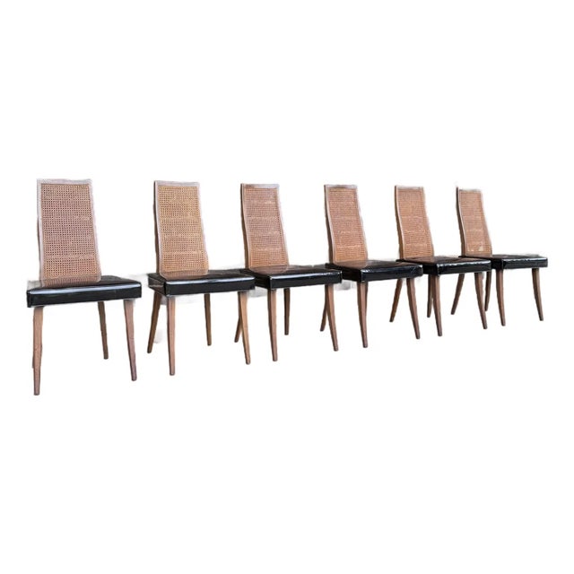 Harvey Probber Set of 6 Patent Leather and Cane Dining Chairs For Sale