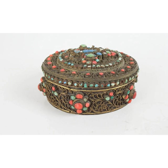 Rustic Vintage Brass Filigree Coral Turquoise Round Box For Sale - Image 3 of 8
