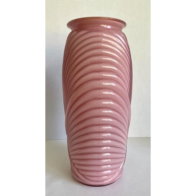Pink Vintage Postmodern Deco Ribbed Pink Glass Vase For Sale - Image 8 of 10