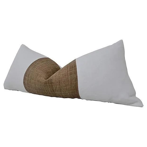 Our beautiful custom individually hand cut-and-sewn large 38" long pillow in our luxe premium white pure linen. Banded in...