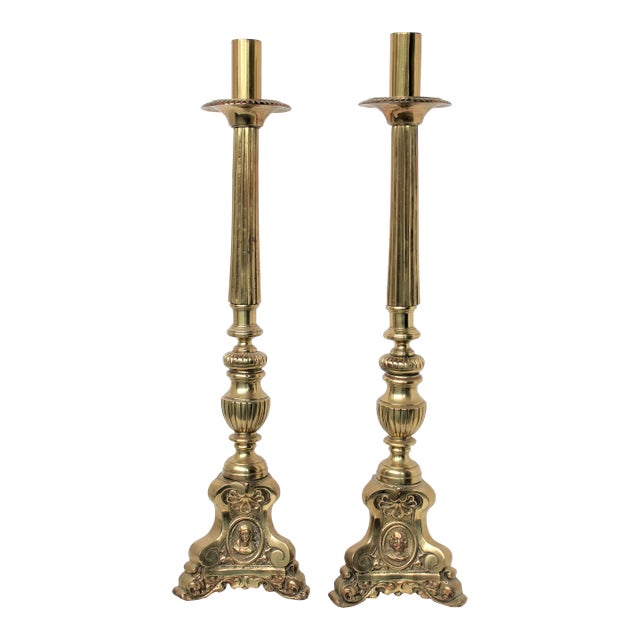 19th C. European Louis XVI Empire Altar Church Brass Candlesticks S/2 For Sale