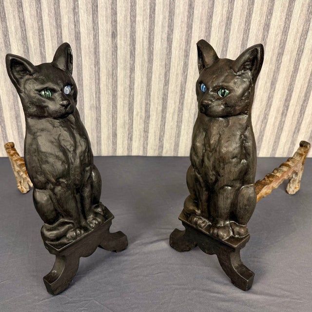 This fabulous pair of Black Cat Iron Andirons was made in Nashville, by the Tennessee Chrome Plate Co. probably in the...