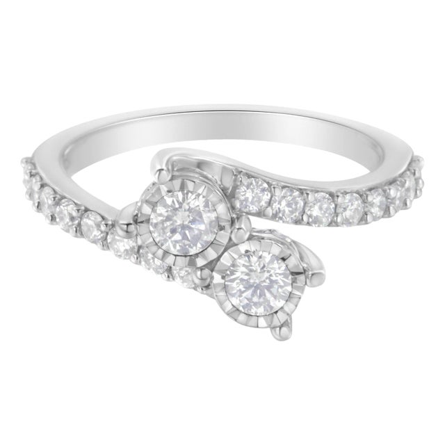 10K White Gold Two-Stone Miracle-Set Diamond Bypass Ring (1 Cttw, H-I Color, I1-I2 Clarity) - Size 6 For Sale