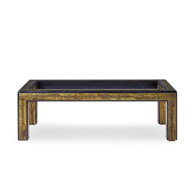 Bernhard Rohne Mid Century Acid Etched Brass and Glass Coffee Table This coffee table measures: 55.25 wide x 29 deep x 18...