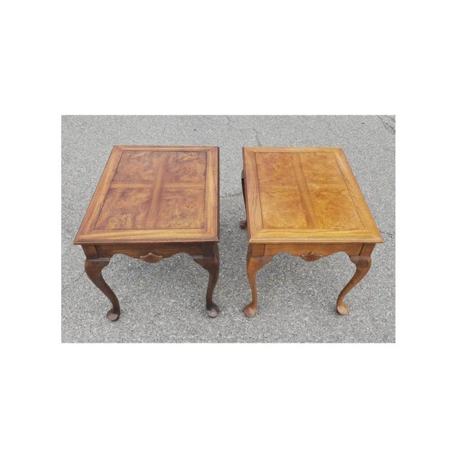 Queen Anne Late 20th Century Oak and Burl Walnut Banded Top Side Tables For Sale - Image 3 of 12