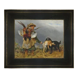 Shooting the Covers Pheasant Hunting Scene Framed Oil Painting Print on Canvas in Distressed Black Wood Frame