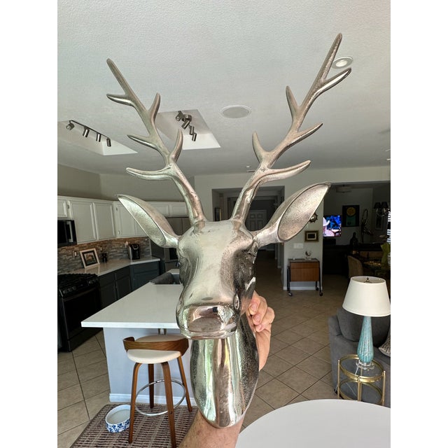 Large Modernist Cast Polished Metal Deer Antler Head Wall Sculpture For Sale - Image 9 of 15