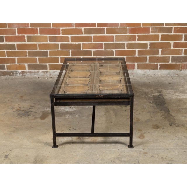 Metal Contemporary Coffee Table Made with Antique Door Fragment on Custom Iron Base For Sale - Image 7 of 11