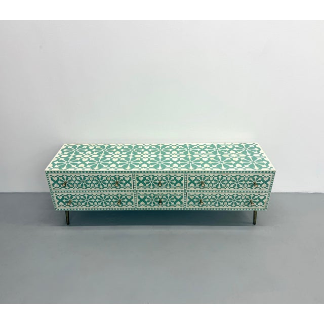 Late 20th Century Contemporary Moroccan Tile Handcrafted Bone Inlay Six-Drawer Chest For Sale - Image 5 of 6