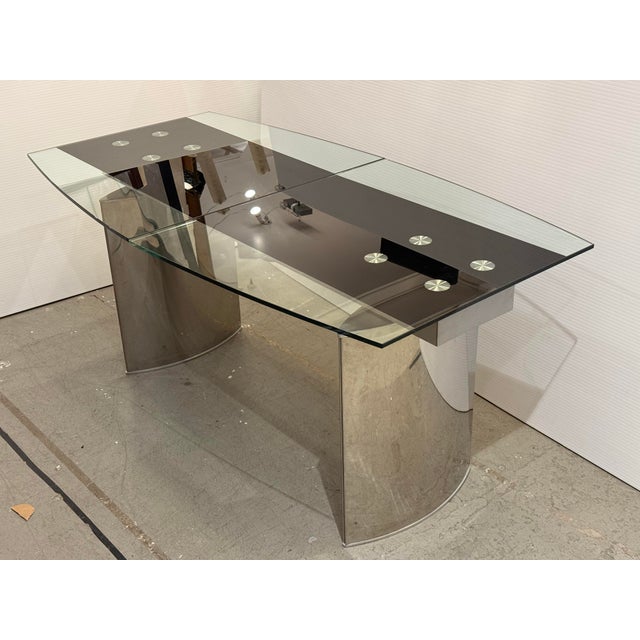 Modern Double Pedestal Extendable Glass Top Table For Sale - Image 11 of 12