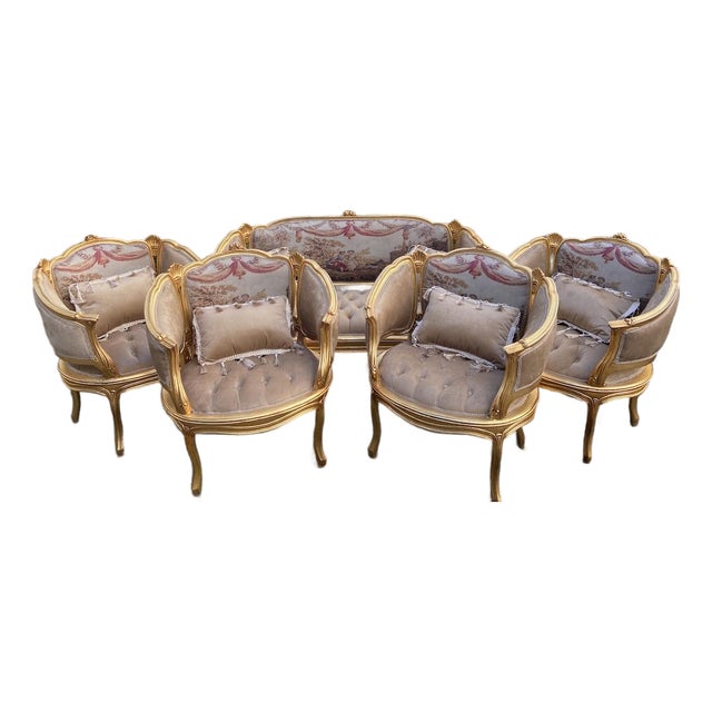 1940s French Louis XVI Gold Beige Sofa Set - 5 Pc For Sale