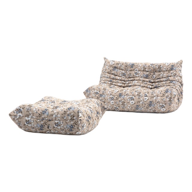 Togo Pouf and 2-Seater Sofa in Pattern by Michel Ducaroy for Ligne Roset, Set of 2 For Sale