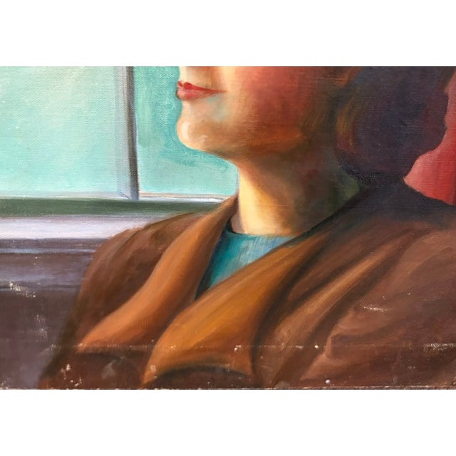 Blue 1940's Lady Painting, Portrait - Looking Out the Window For Sale - Image 8 of 9