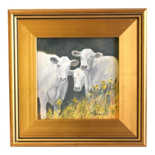 Farmhouse Cows in a Field of Flowers Oil Painting Including the Antiqued Gold Wood Frame For Sale