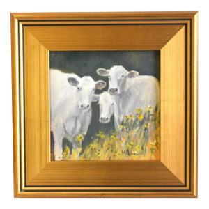 Farmhouse Cows in a Field of Flowers Oil Painting Including the Antiqued Gold Wood Frame