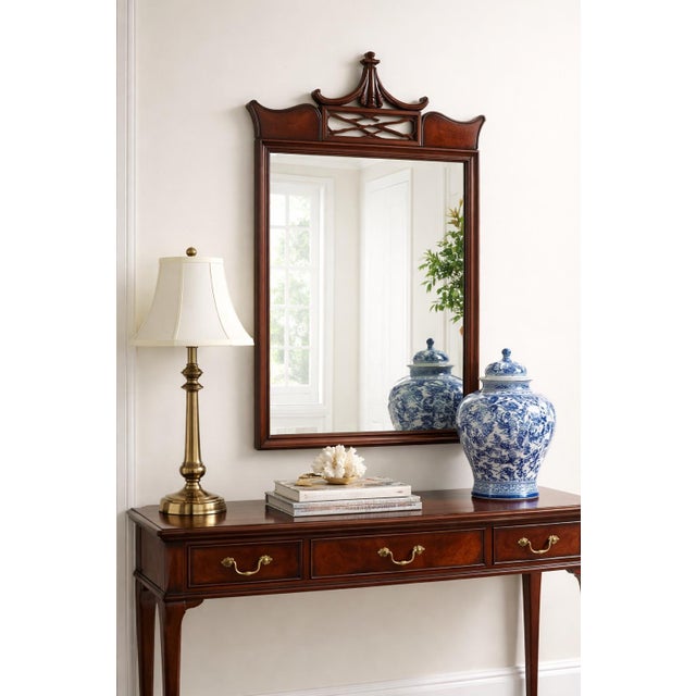 Vintage Chinoiserie Pagoda Crest Mahogany Wall Mirror With Fretwork Panel – Mid Century Hollywood Regency For Sale - Image 4 of 8