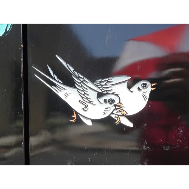 Black Vintage Oriental Asian Blue Coromandel Four Panel Screen Room Divider W Swans For Sale - Image 8 of 12