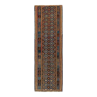 Handwoven Vintage Turkish Kilim Runner in Gold-Orange, Blue Geometric Pattern For Sale