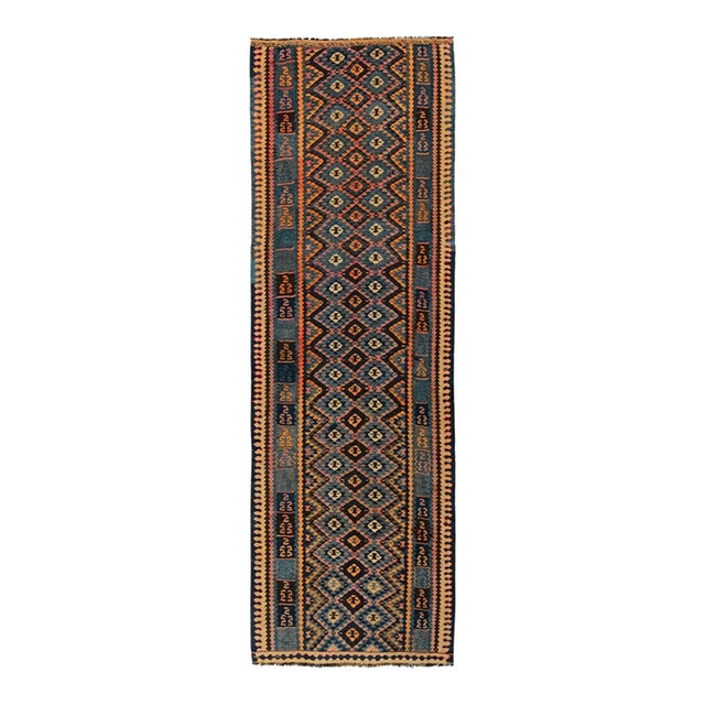 Handwoven Vintage Turkish Kilim Runner in Gold-Orange, Blue Geometric Pattern For Sale