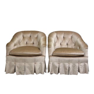 1970s Tufted Barrel Back Velvet Baker Furniture Club Chairs Pair Model #441 For Sale