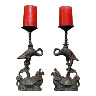 Late 19th Century Pair of Gilt Bronze Crane & Turtle Candle Holders - "Turtle & Crane Longevity" For Sale