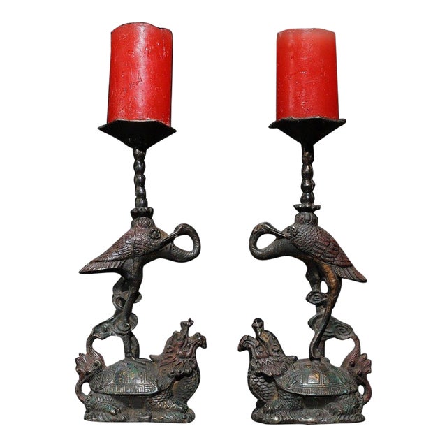 Late 19th Century Pair of Gilt Bronze Crane & Turtle Candle Holders - "Turtle & Crane Longevity" For Sale