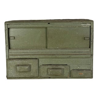 A Primitive Vintage Handmade Multi Compartment Wood Cabinet in Military Olive Green For Sale