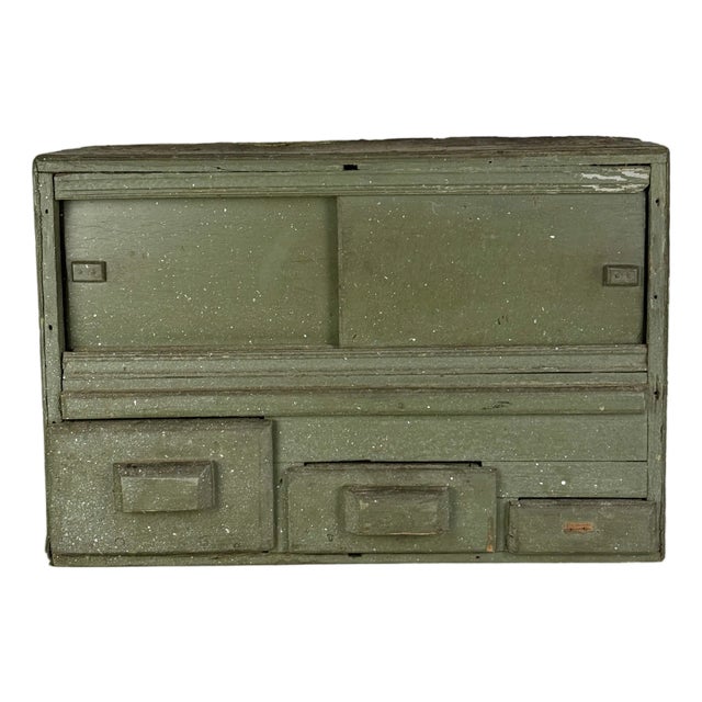 A Primitive Vintage Handmade Multi Compartment Wood Cabinet in Military Olive Green For Sale