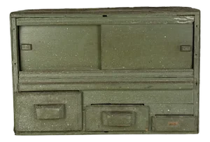 A Primitive Vintage Handmade Multi Compartment Wood Cabinet in Military Olive Green