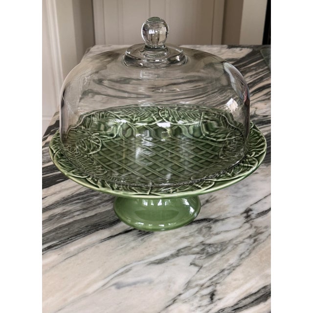 Green Made in Portugal Vintage Bordallo Pinheiro Leaf Service Basket Weave Cake Plate For Sale - Image 8 of 11