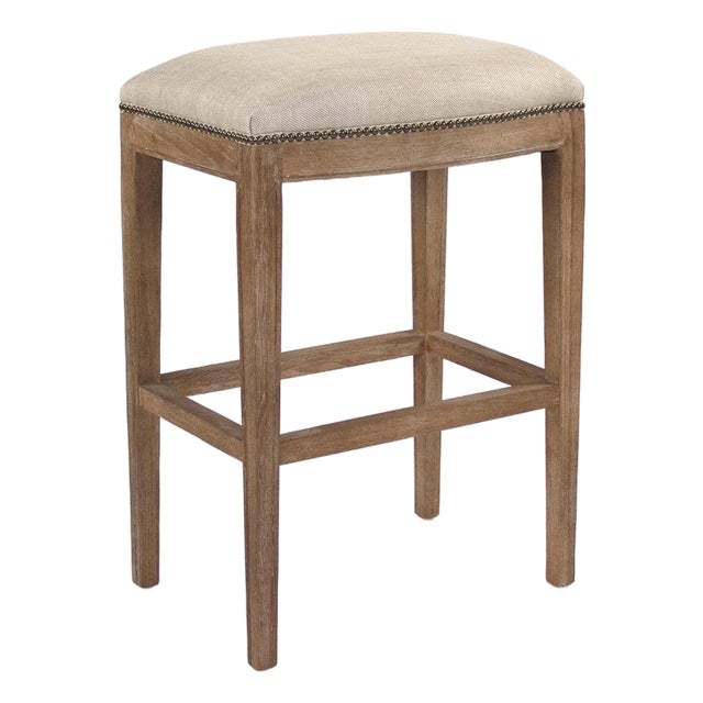 Cora Nailhead Bar Stool - Natural Linen For Sale
