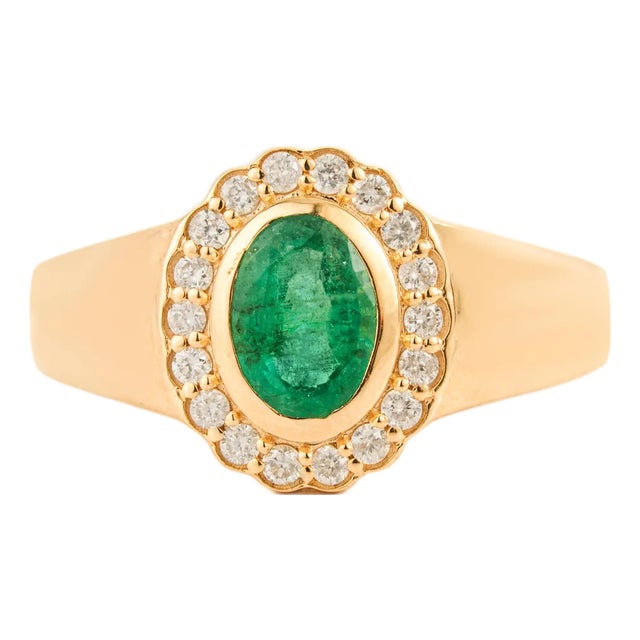 Vintage-Inspired Oval Emerald Diamond Halo Signet Ring Size 9 in 14k Yellow Gold For Sale