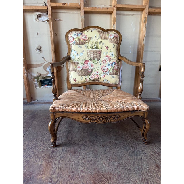 Late 20th Century Pair of Louis XV Floral Motif Upholstered Rush Seat Lounge ArmChairs With Ottoman For Sale - Image 13 of 16