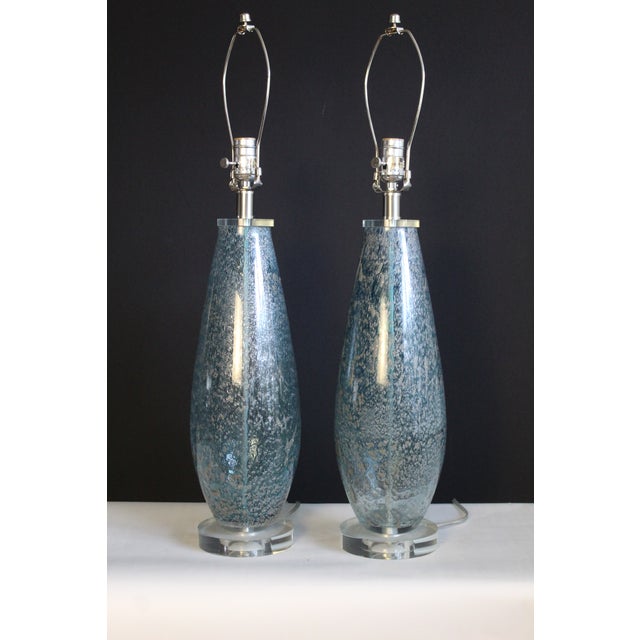 Mid-Century Modern Mid 20th Century Mezza Murano Style Aqua Frost Lamps - a Pair For Sale - Image 3 of 14