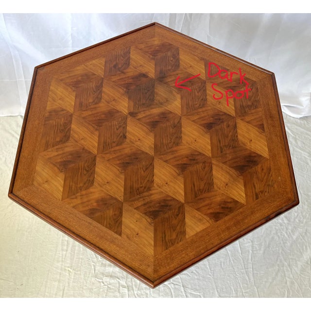 Mid Century Modern Walnut Parquet Hexagon Table by Hong Kong Teakwood Works For Sale - Image 9 of 13
