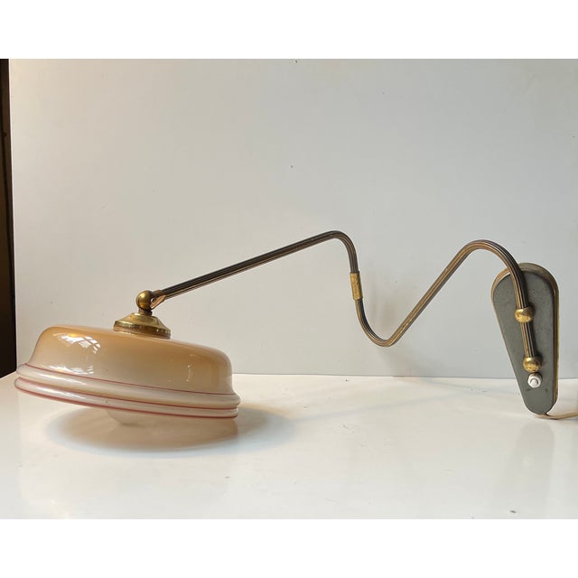 Modern Danish Adjustable Brass Swing Arm Wall Light with Striped Glass Shade, 1960s For Sale - Image 12 of 12
