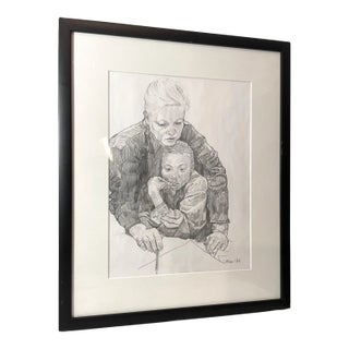 1990s Original Signed L Altman Figural Lady Boy Mother Child Realism Pencil Drawing For Sale