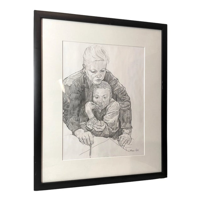 1990s Original Signed L Altman Figural Lady Boy Mother Child Realism Pencil Drawing For Sale